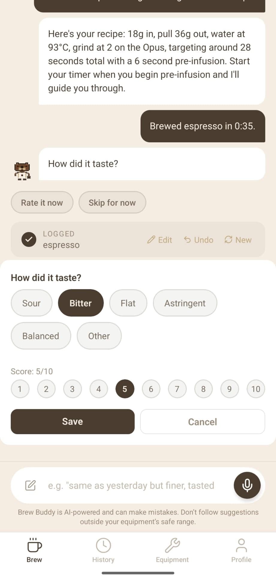 Rate your brew in two taps.