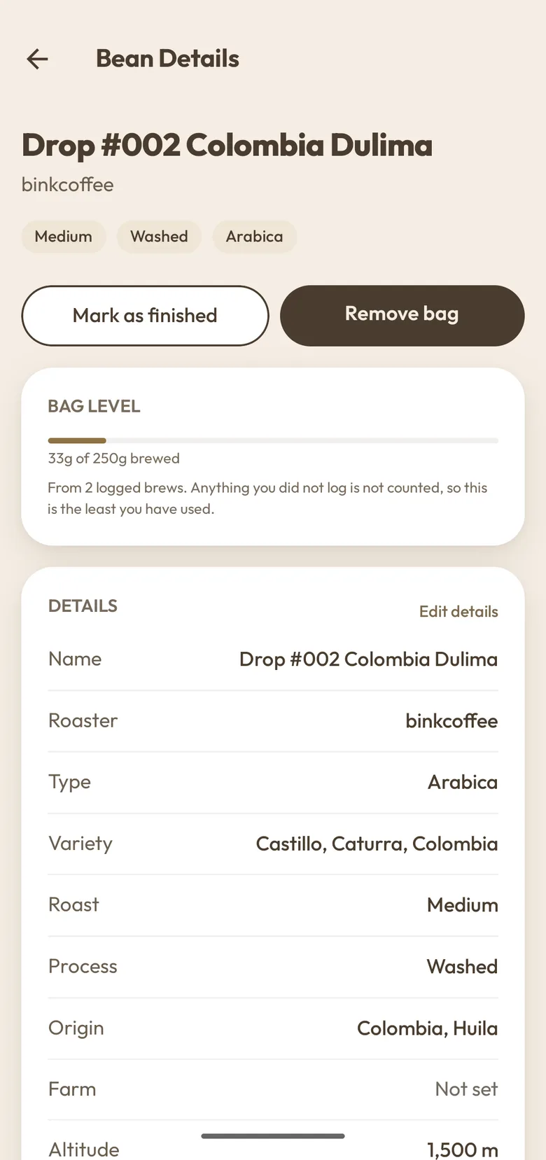 A bag in BrewIQ, a washed Colombian medium roast, with how much is left and its details