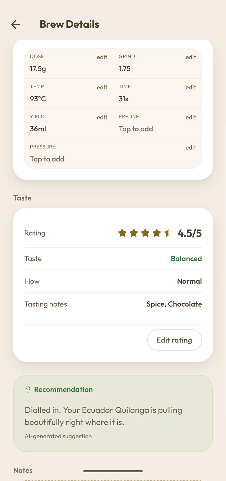 A logged brew in BrewIQ showing dose, grind, temperature, time, a 4.5 star rating and a balanced taste