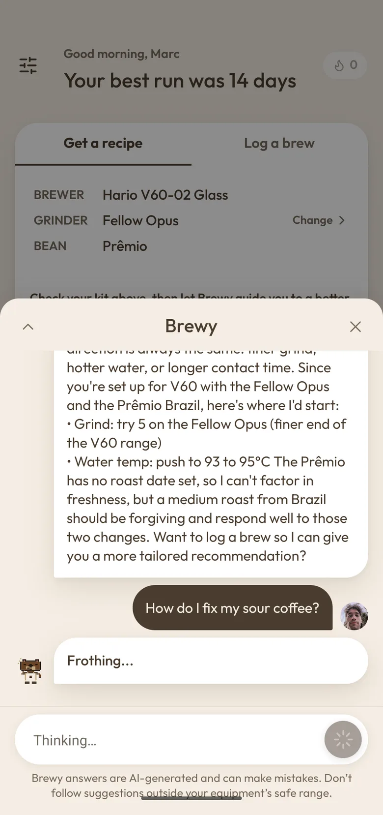 A chat with Brewy answering how do I fix my sour coffee with a grind and temperature change for a Fellow Opus