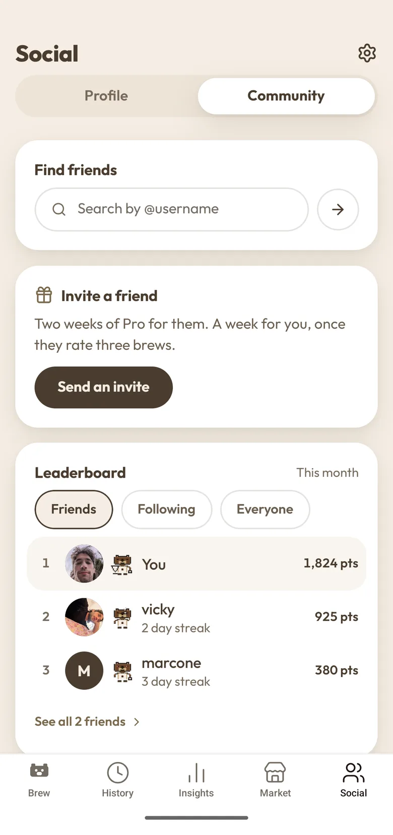 The BrewIQ community screen with a friend search, an invite card and a monthly leaderboard