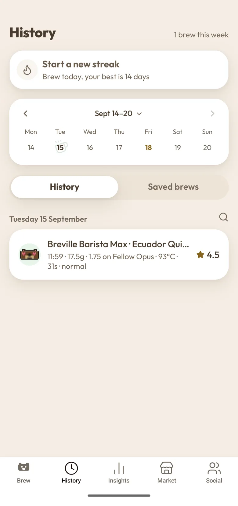 The BrewIQ history screen with a week calendar, a streak card and a logged espresso rated 4.5