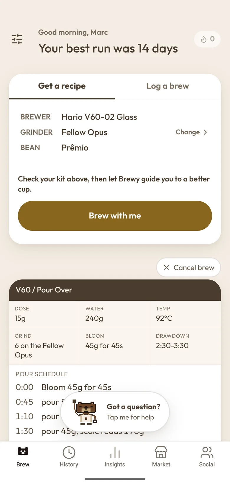 The BrewIQ home screen with a Hario V60, a Fellow Opus and a bag of Prêmio selected, and the recipe Brewy built for them