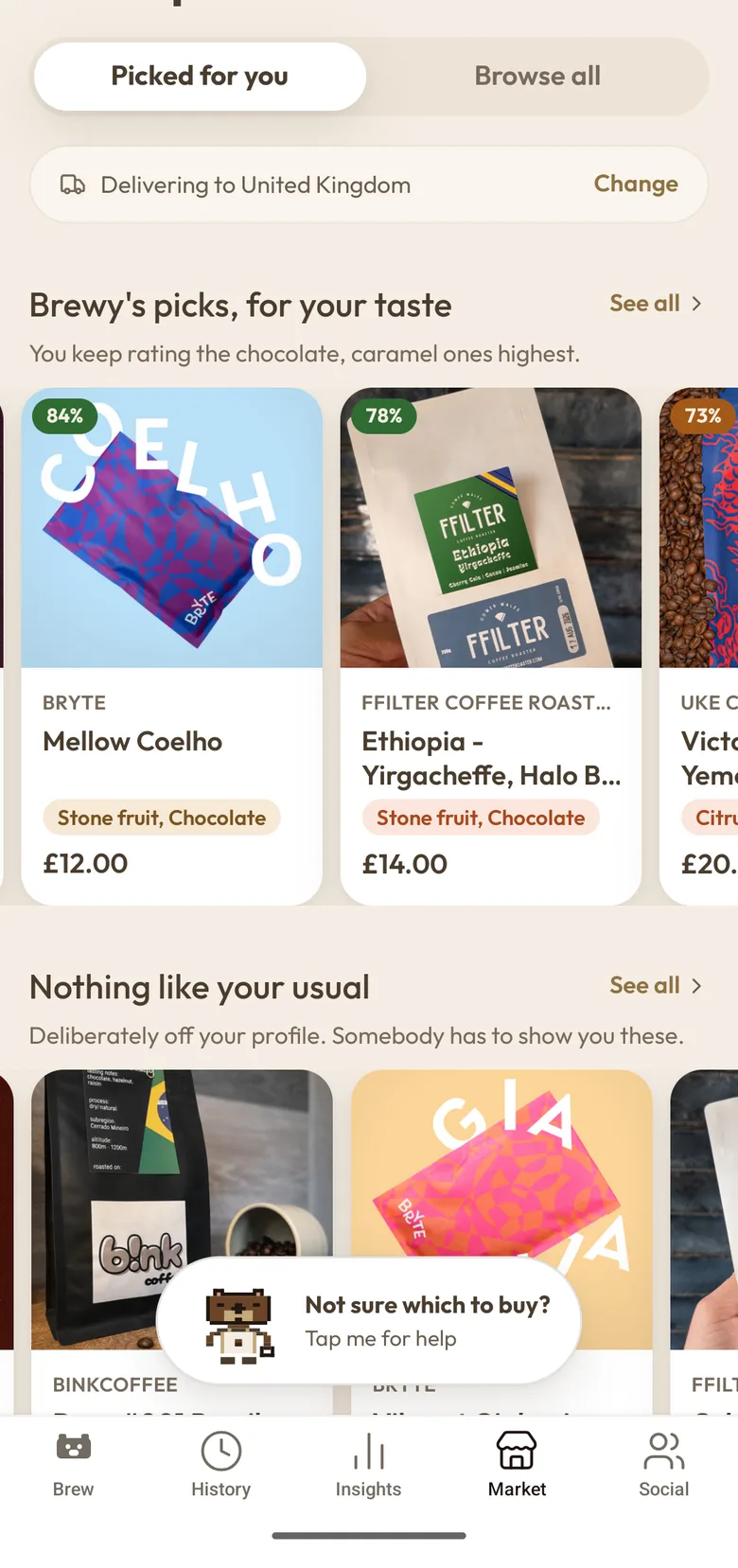 The BrewIQ marketplace with coffees picked for your taste, each carrying a match percentage