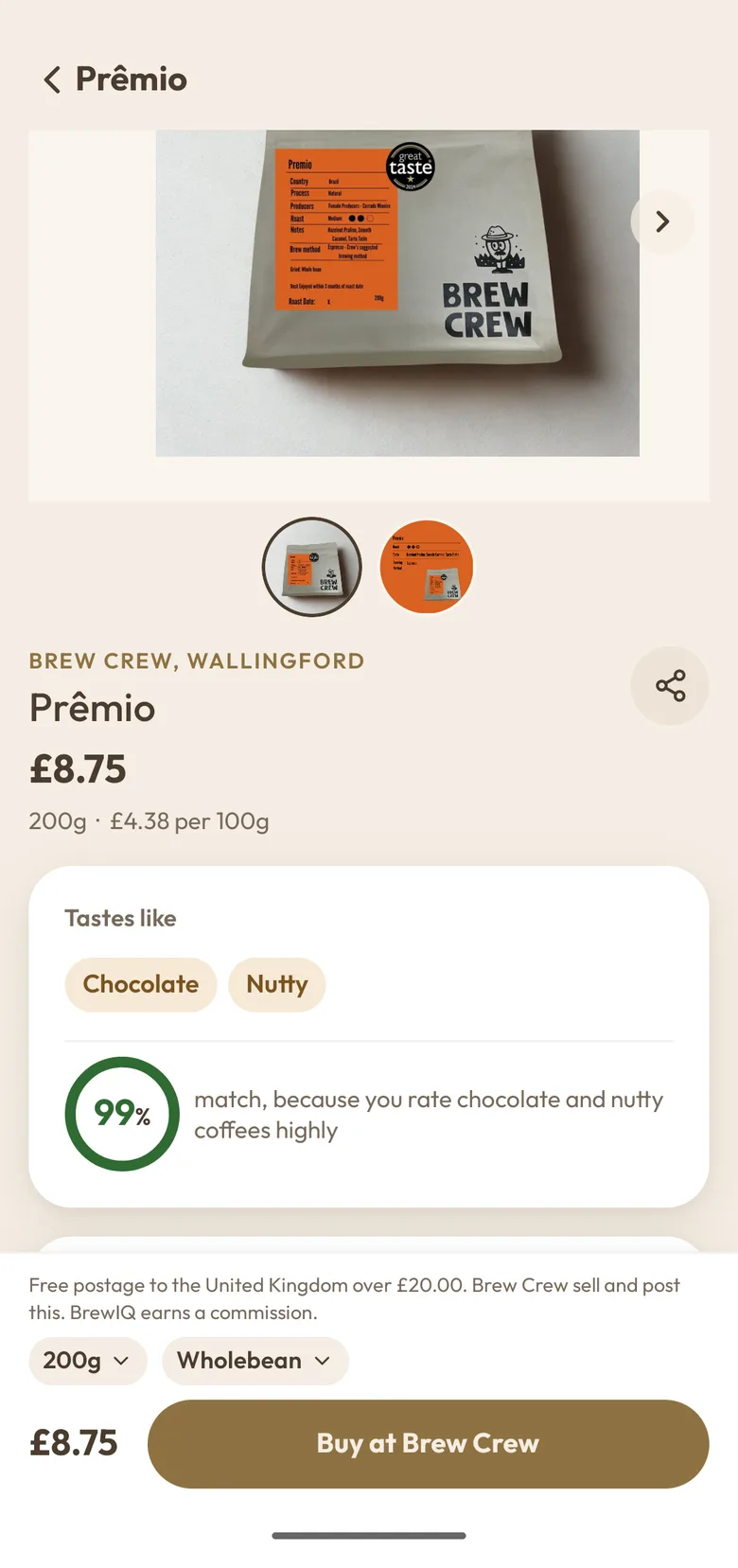 A coffee from Brew Crew in the BrewIQ marketplace with a 99 percent match and a buy button