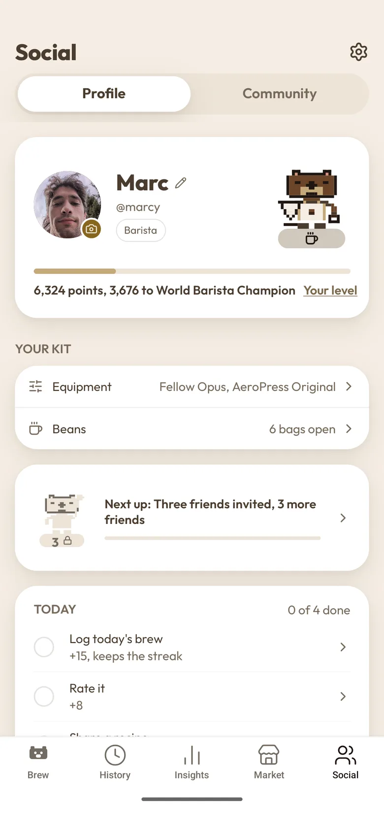 A BrewIQ profile showing 6,324 points, the Barista level, the kit owned and today's tasks